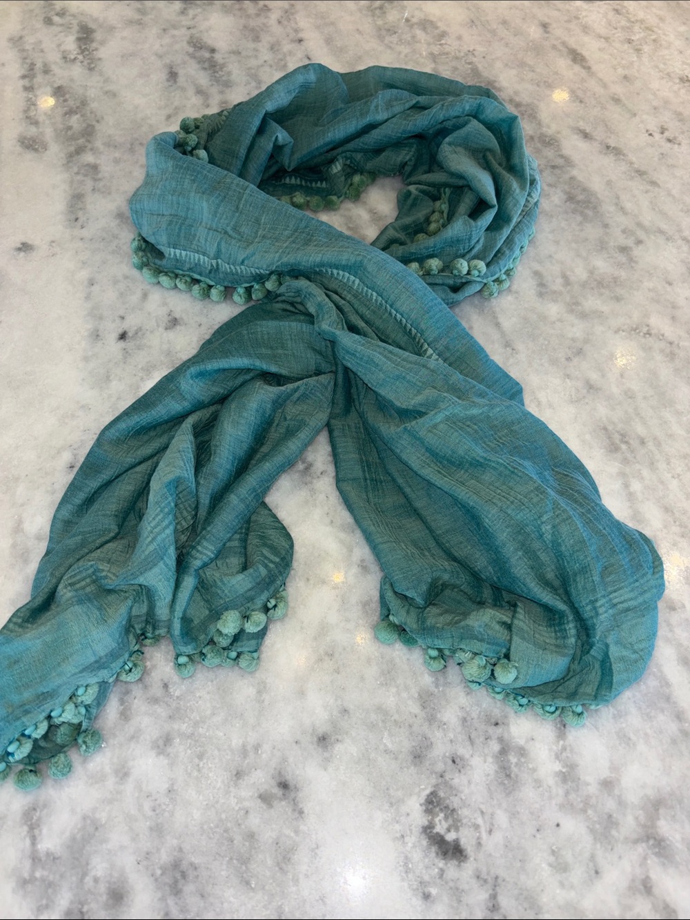 Matta Teal Pom-Pom Trim Lightweight Scarf